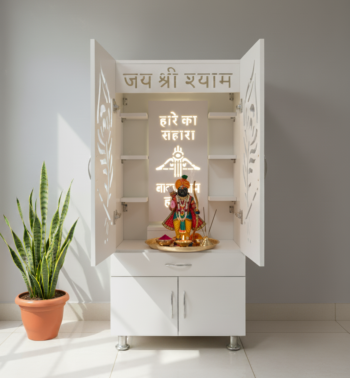 Woodaari Shri Khatu Shyam Ji Premium White Wooden Temple/Mandir with light & Door Storage Engineered Wood Home Temple (Height: 130, Pre-assembled)