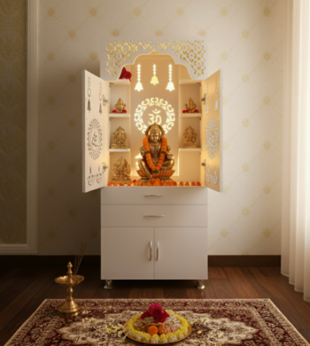 Woodaari Korean Design Pooja Mandir With LED Light Engineered Wood Home Temple (Height: 145, Pre-assembled)