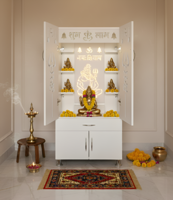 Woodaari White Shiv Mandir with 'Om Namah Shivaya' LED Light | Trishul Cutouts Design Engineered Wood Home Temple (Height: 130, Pre-assembled)