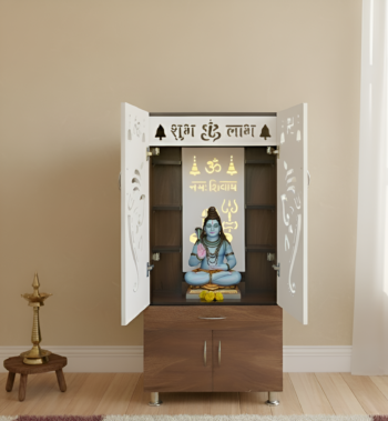 Woodaari Brown Pooja Mandir/Home Temple/Pooja Unit with LED Light & Ganpati Design Engineered Wood Home Temple (Height: 130, Pre-assembled)