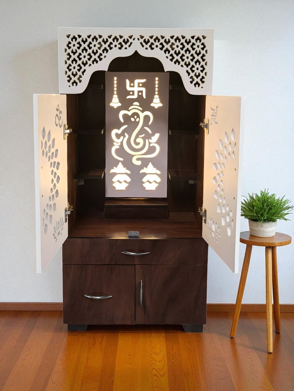 Woodaari Prime Home Temple/Pooja Unit/Home Mandir/LED Light Engineered Wood Home Temple (Height: 130, Pre-assembled)