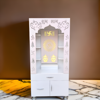 Woodaari Designer Wooden pooja Mandir with LED Backlight/ Om and Kalash Design Engineered Wood Home Temple (Height: 130, Pre-assembled)