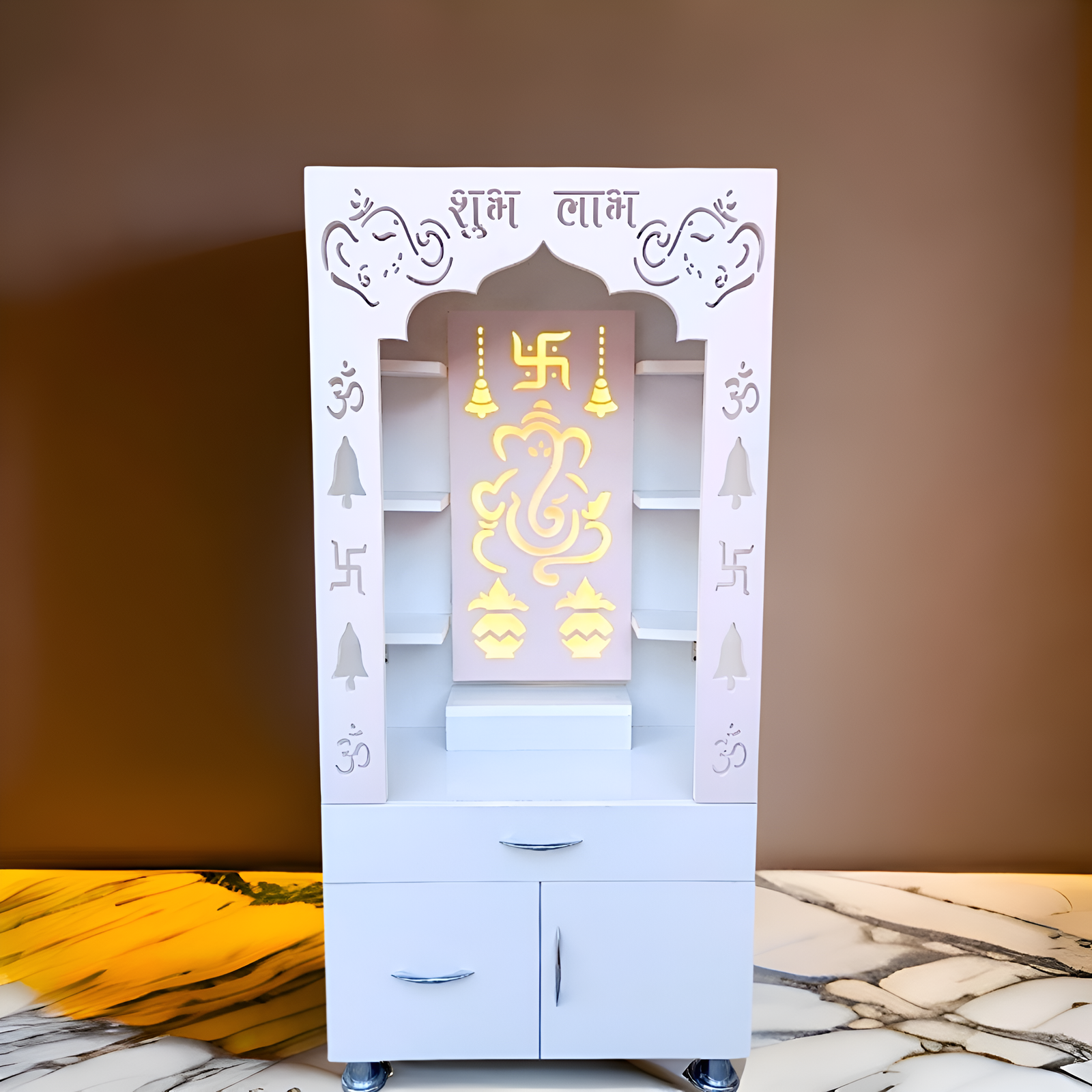 Woodaari Designer Wooden pooja Mandir with LED Backlight/ Ganesh ji and Kalash Design Engineered Wood Home Temple (Height: 130, Pre-assembled)