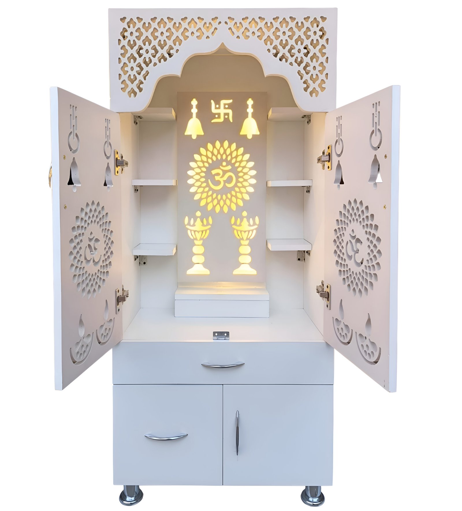 Woodaari White Wooden Temple for home and Office With decorative LED Light Engineered Wood Home Temple (Height: 130, Pre-assembled) - Image 2