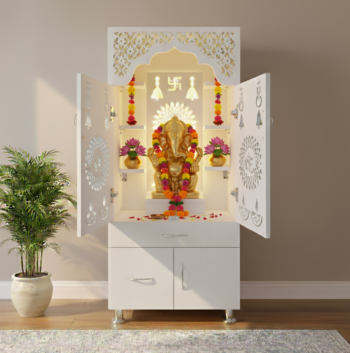 Woodaari White Wooden Temple for home and Office With decorative LED Light Engineered Wood Home Temple (Height: 130, Pre-assembled)