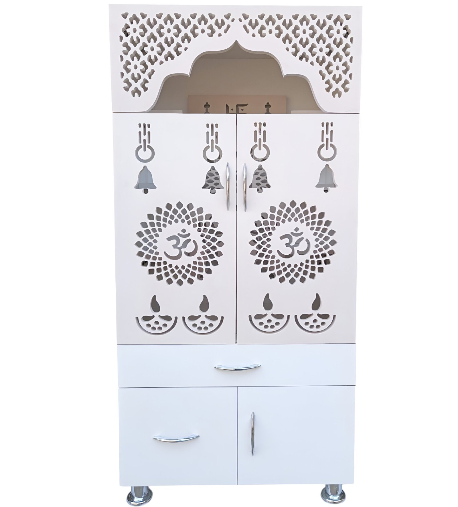 Woodaari White Wooden Temple for home and Office With decorative LED Light Engineered Wood Home Temple (Height: 130, Pre-assembled) - Image 6