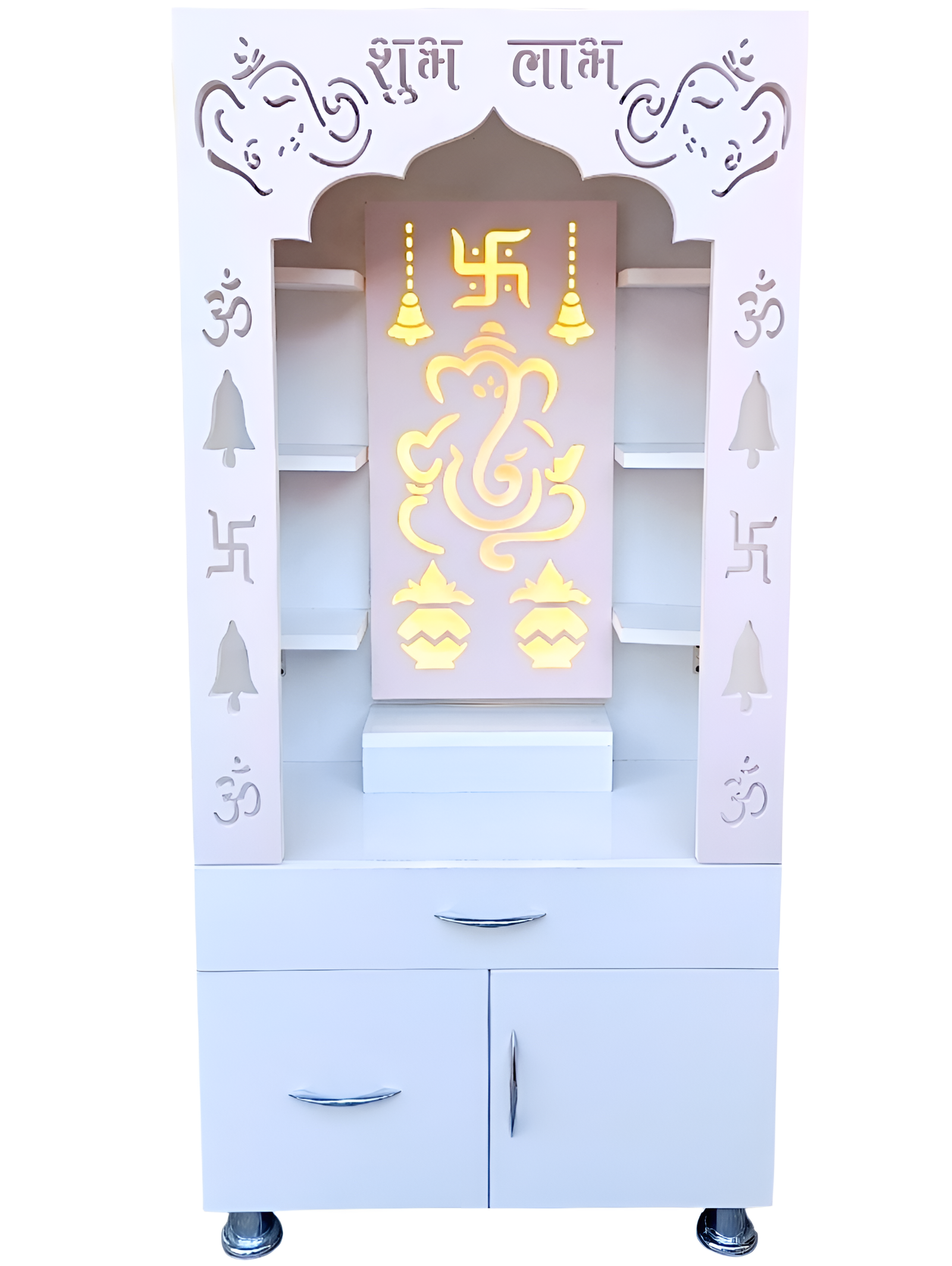 Woodaari Designer Wooden pooja Mandir with LED Backlight/ Ganesh ji and Kalash Design Engineered Wood Home Temple (Height: 130, Pre-assembled) - Image 2