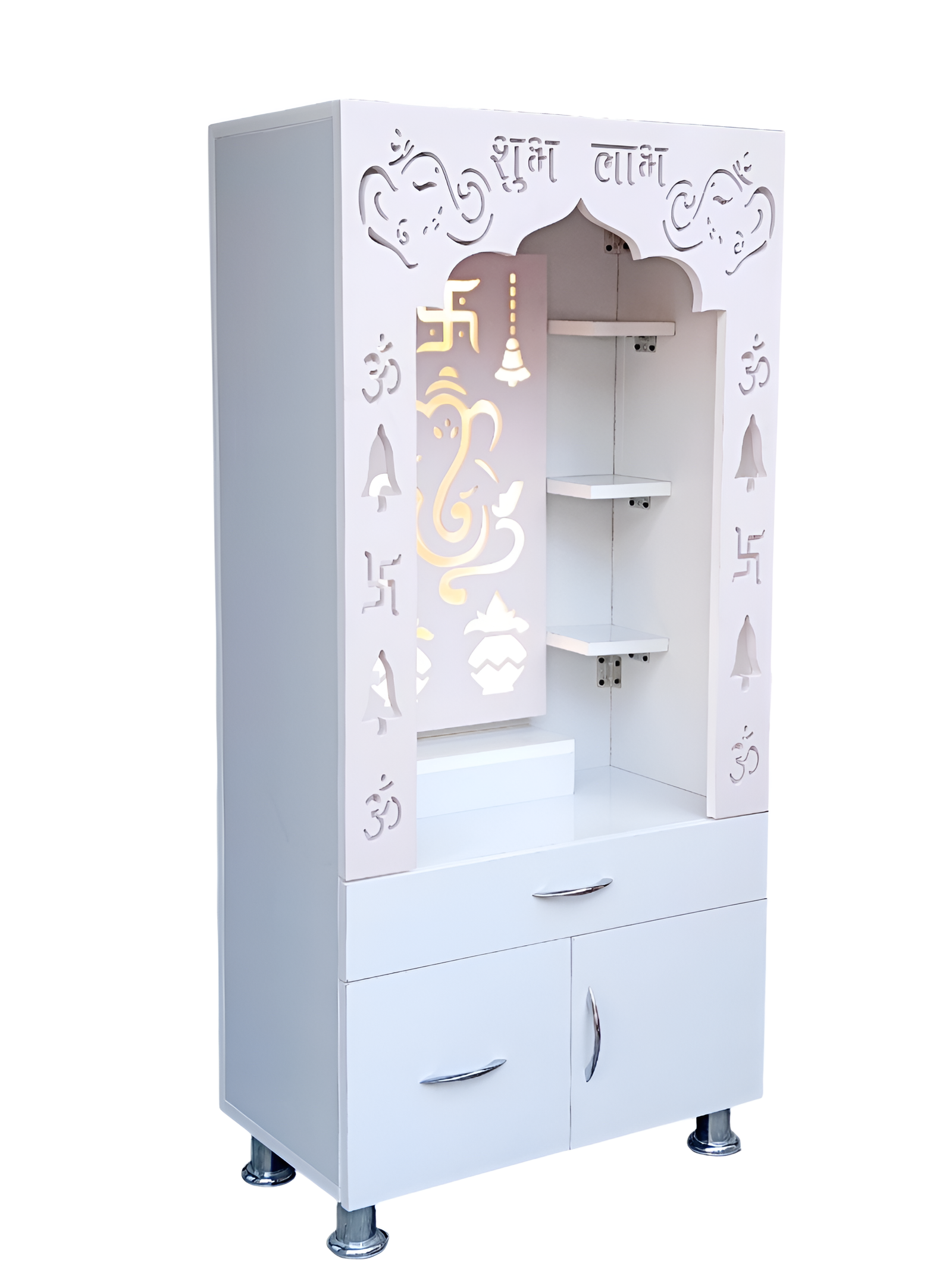 Woodaari Designer Wooden pooja Mandir with LED Backlight/ Ganesh ji and Kalash Design Engineered Wood Home Temple (Height: 130, Pre-assembled) - Image 4