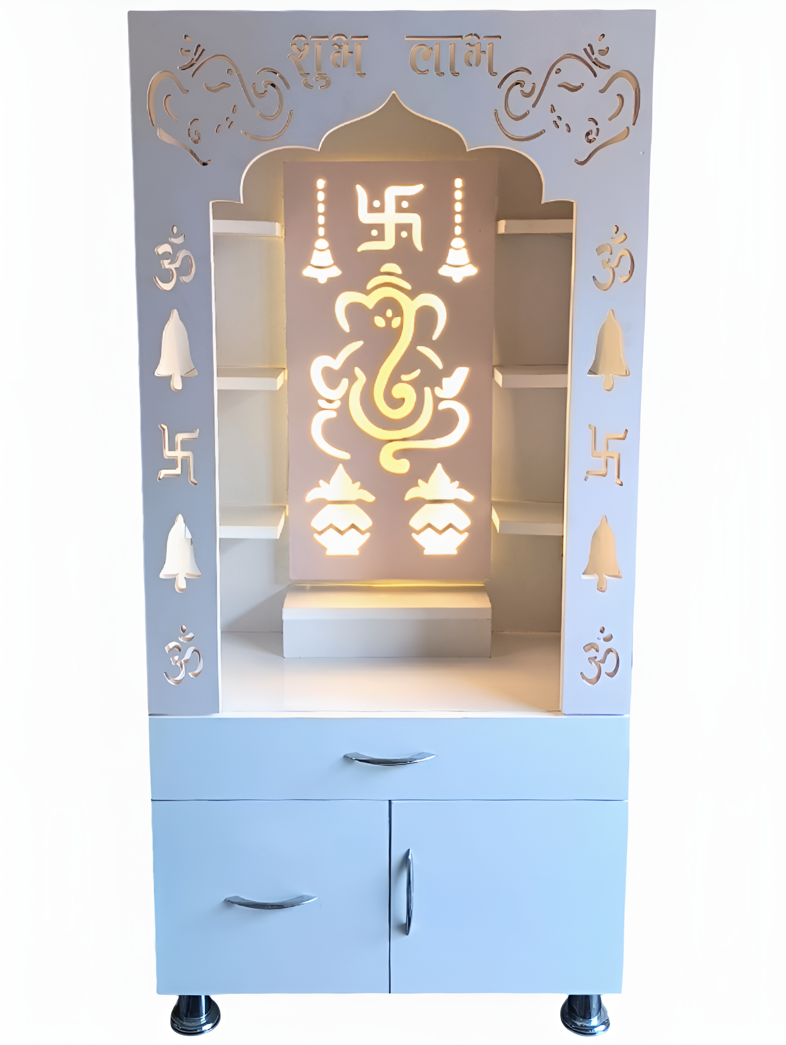 Woodaari Designer Wooden pooja Mandir with LED Backlight/ Ganesh ji and Kalash Design Engineered Wood Home Temple (Height: 130, Pre-assembled) - Image 6